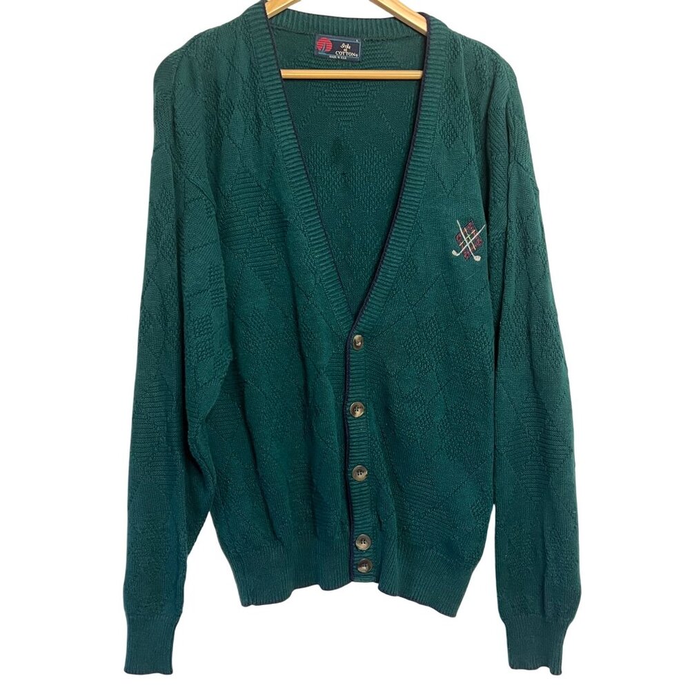 Isle Of Cotton L Green Cardigan Sweater Embroidered Golf Clubs USA Grandpa VTG